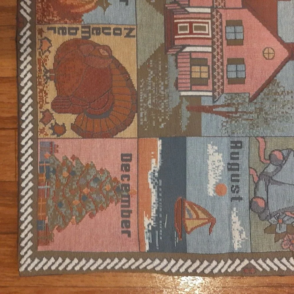 Vintage 19 X 21 Tapestry Holiday Months of the Year Banner Wall Hanging AS IS